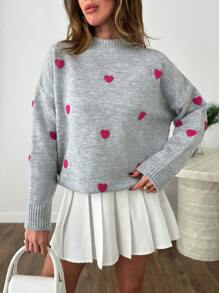 EURMUSE Women Gray Knitted Sweater With PINK Heart Pattern Long Sleeve Oversized - Grey - View 4