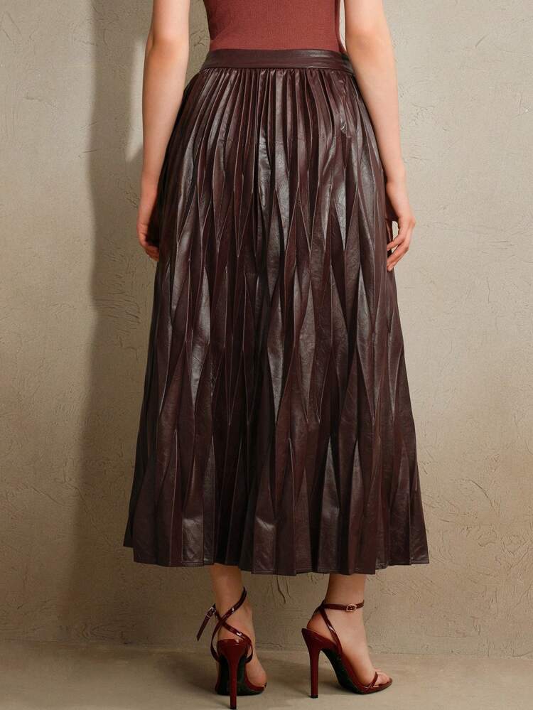 Saia Feminina de Couro PU com Zíper Invisível Plissado em Forma de Losango, de Alta Moda, Ideal para Festivais, Passeios e Férias