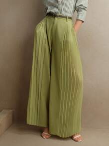 Anewsta Pantaloni ampi in stile chiffon plissettato con vita rilassata e effetto patchwork, colore verde, adatti per festival e uscite di moda - Verde - Visualizzare 5