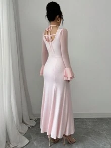 Rafferiza 粉色紧身优雅喇叭袖长裙，派对礼服