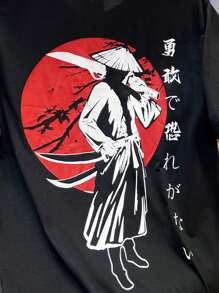 SHEIN Leap Crew Teen Boys Casual Loose Comfortable Versatile Funny Hooded Figure Print Short Sleeve T-Shirt - Black - View 3