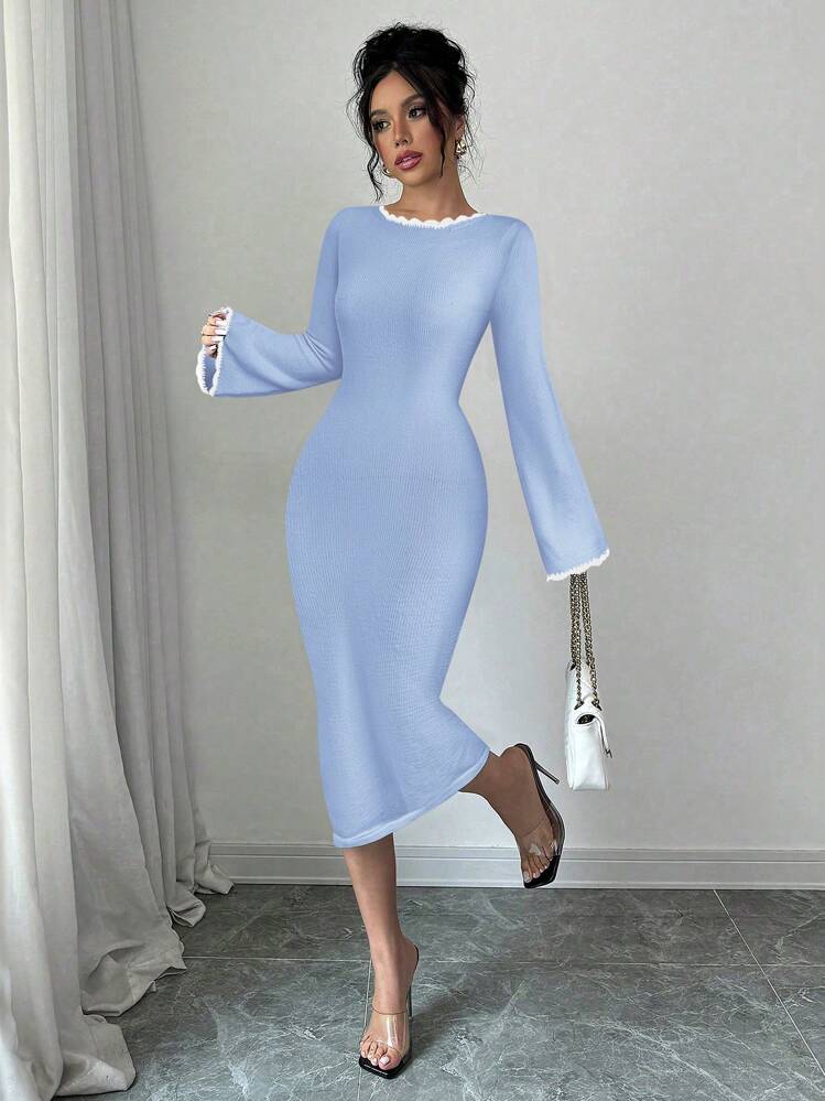 Elenzga Elegant Contrast Color Crochet Women Knitted Sweater Dress, Figure-Flattering & Versatile, Autumn/Winter Fall Cloth For Women - Baby Blue - View 1