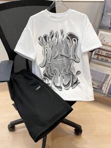 SHEIN Leap Crew 2pcs Teen Boy Casual Loose Comfortable Versatile Graphic Printed Short Sleeve Tee And Shorts Set - Black and White - View 1