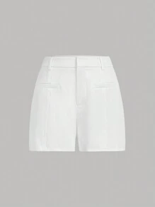 SHEIN Privé Plus Size Simple Elegant High Waist Solid Color Office Shorts, Daily Commute - White - View 2