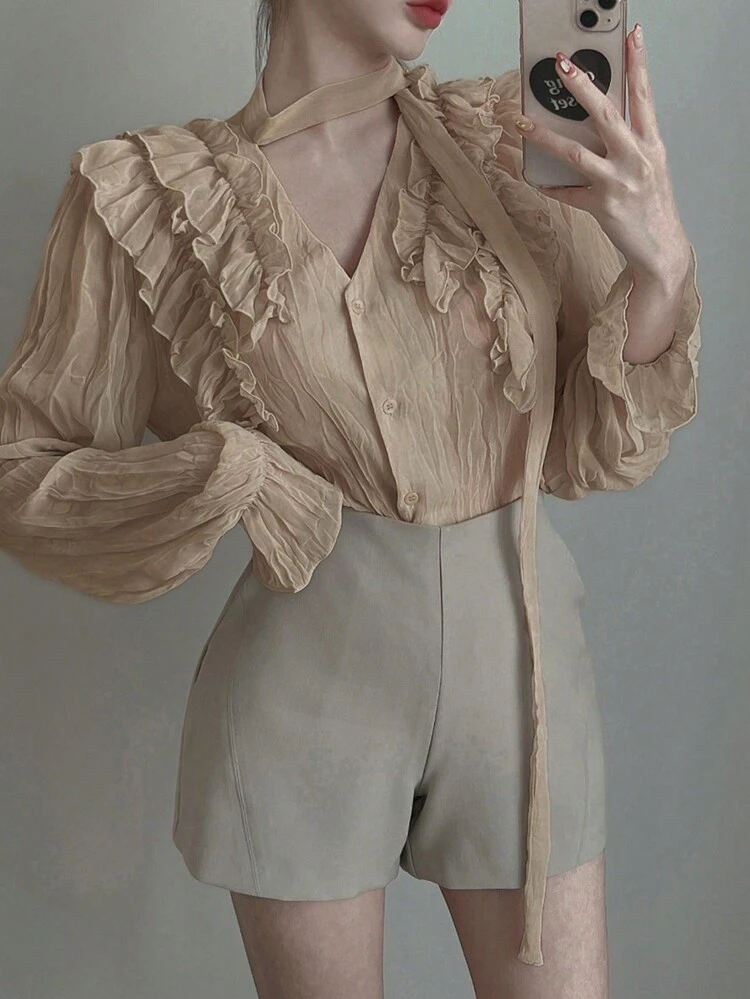 Women's Frill Trim Lace Up Loose Elegant Blouse, Spring/Summer/Autumn Long Sleeve