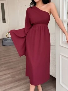 DAZY Robe mi-longue asymétrique à épaule dénudée de couleur unie pour femmes, robe de soirée élégante et formelle, robe longue à manches longues pour l'automne, robe femme rouge - Rouge foncé - Voir 6