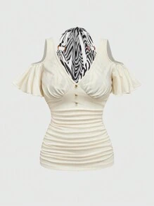 ROMWE J-Fashion 女士 Shibuya Gyaru Y2K 风格斑马纹露肩 T 恤 - 杏色 - 查看 1