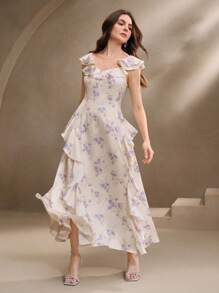 Anewsta SHEIN X Hannahelzahed Váy hai dây xếp nếp in hoa nhiều lớp dành cho nữ, phù hợp cho mùa xuân, mùa hè, lễ hội, thanh lịch, kỳ nghỉ, bãi biển - Màu be - Xem 5