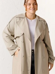Aralina Curve Khaki Plus Size Waist Tie Trench Coat - Green - View 8