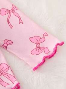 SHEIN 2pcs/Set Baby Girl Infant Toddler 0-3Y New Cute Sweet Casual Daily Graphic Bow Ribbed Knit Round Neck Long Sleeve Fitted Tee And Slim Fit Pants Set, Suitable For All Seasons - Pink - View 3