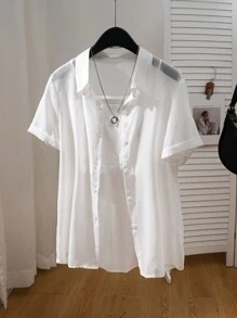 SHEIN LUNE Áo sơ mi bảo vệ cài nút phía trước thường ngày tay ngắn cho nữ - trắng - Xem 1