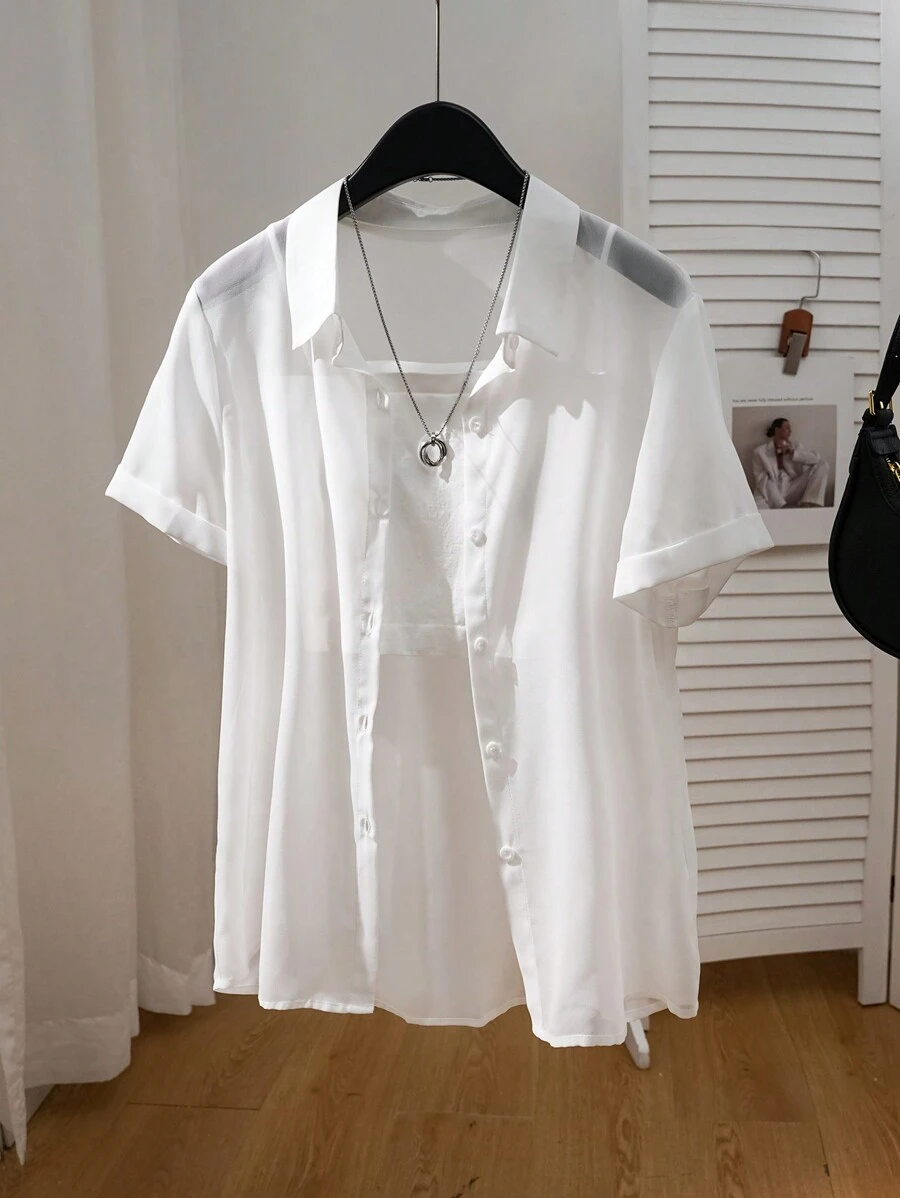 SHEIN LUNE Áo sơ mi bảo vệ cài nút phía trước thường ngày tay ngắn cho nữ - trắng - Xem 1