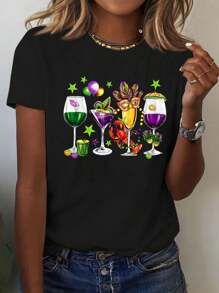 SHEIN LUNE 大码女式狂欢节饮酒主题图案印花短袖 T 恤 - 狂欢节酒杯、狂欢节鸡尾酒、可爱小龙虾夏季新奇印花 - 黑色 - 查看 3
