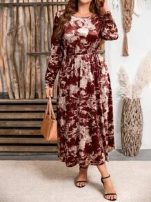 SHEIN Plus Size Velour Floral Waisted Mid-Length Casual Regular Dress, Autumn/Winter Fall Cloth For Women - Multicolor - View 4