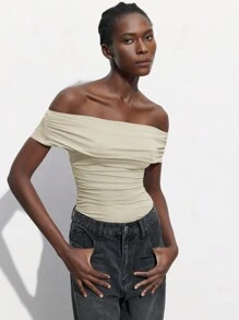 Maija Off Shoulder Ruched Bodysuit, Fitted Silhouette, Suitable For Parties, Gatherings, Versatile Wear, Spring/Summer - Apricot - View 2