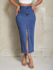 SHEIN SXY Casual Distressed Front Slit Fitted Denim Skirt - Blue - View 5