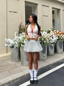 SHEIN EZwear Women's Summer Solid Color Sequin Embellished Flare Hem Mini Skirt