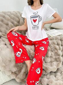 SweetSlumber Women's Cute Coffee & Heart Print Pajama Set,Short Sleeve Top And Pants Sleepwear - Multicolor - View 3