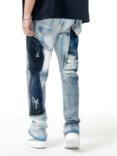 Street Life Jeans de mode casual à jambe droite avec patchwork de poche pour hommes