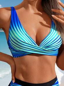 Swim Lushoire Summer Women's 2Pcs Ombre Striped Twist Front Bikini Swimwear, Fashionable & Casual For Holiday Swimming