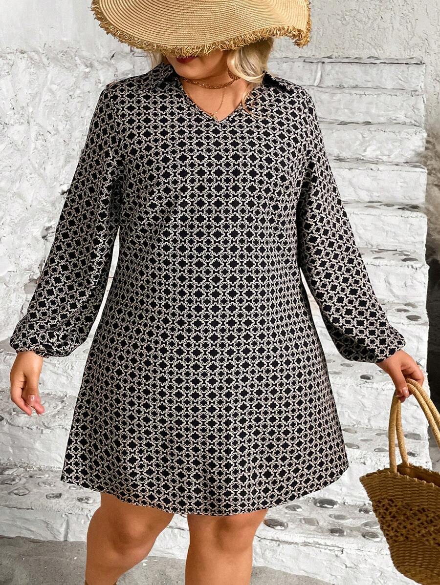 SHEIN CURVE+ Plus Size Casual Random Print Dress, Plus Size - Black and White - View 1