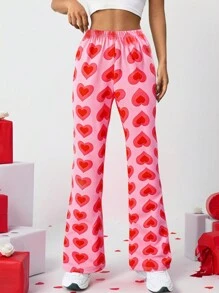 Valentine's Day Red Heart Print Slim-Fit Flared Pants For Teens - Watermelon Pink - View 1