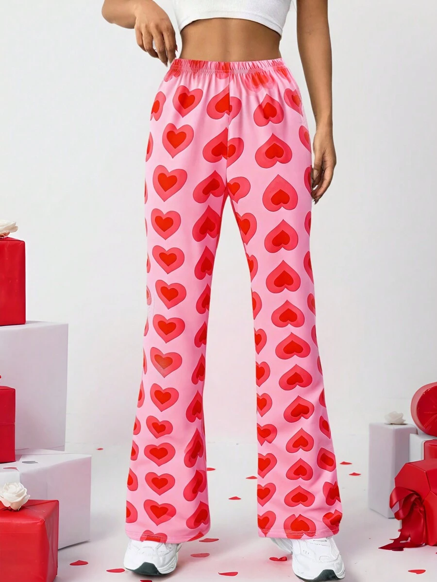 Valentine's Day Red Heart Print Slim-Fit Flared Pants For Teens - Watermelon Pink - View 1