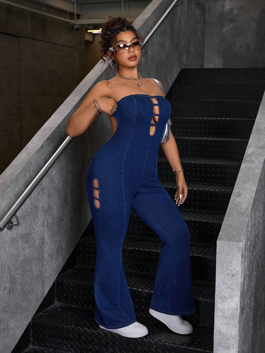 SHEIN ICON Plus Size Women Denim Jumpsuit, Casual & Fashion For Everyday Wear For Summer - Dark Wash - View 1