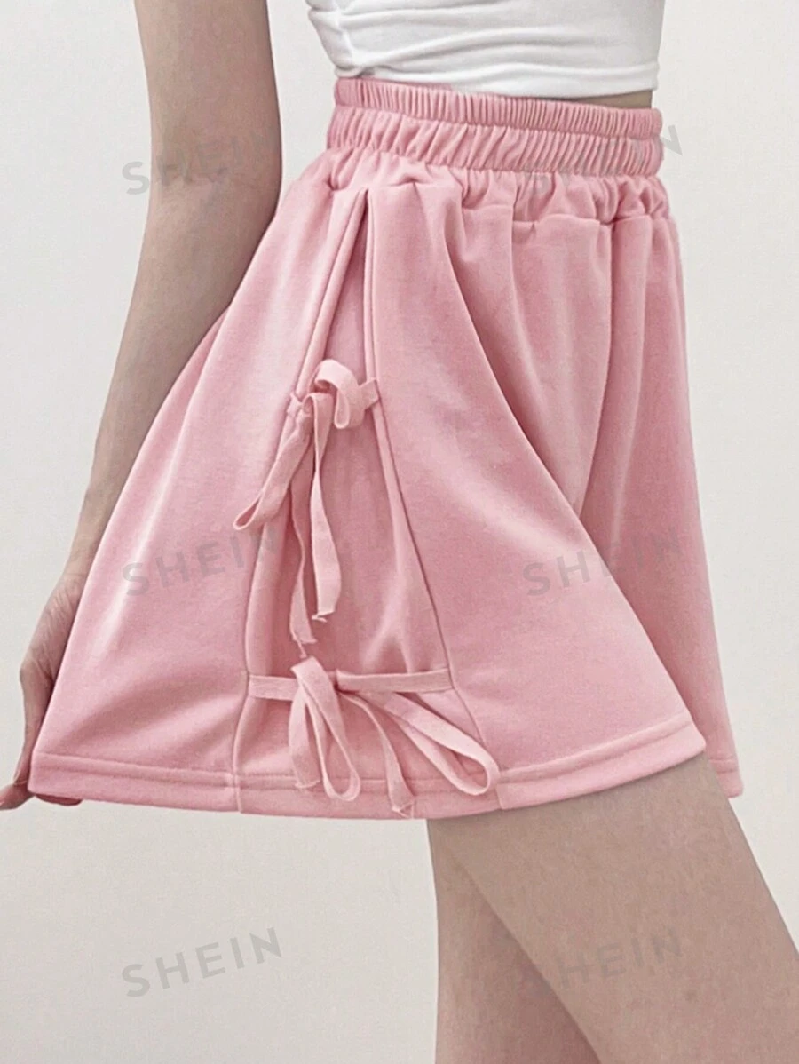 DAZY Pantalones cortos sueltos de mujer casuales de unicolor con lazo en la cintura