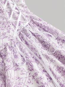 SHEIN MOD Romantic Lilac Floral Print Dress, Bow Shoulder Straps, Lace-Up Corset Style, Tea Party - Lilac Purple - View 3