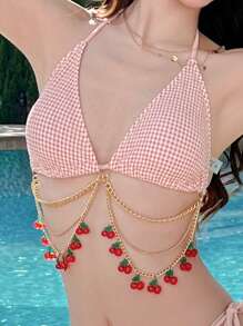 DAZY 25日新品3件套女士沙滩夏季泳装套装，樱桃纹理面料连体泳衣，设计感十足，比基尼泳装 - 粉色 - 查看 4