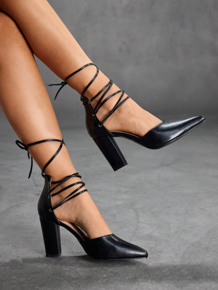 CUCCOO SZL Women's Black Lace-Up Pointed-Toe High Heel Pumps, Elegant For Commute, Date, Wedding, Office, Formal Party