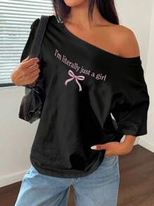 Flirla Women's Casual Floral Print Oblique Shoulder Short Sleeve Blouse For Everyday Wear Graphic Tees Women Tops - Black - View 5