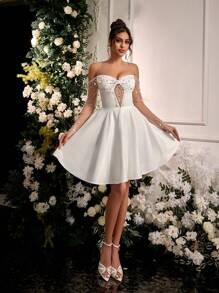 Lovelzi Vestido Elegante e Luxuoso de Cetim Franzido com Manga Longa Transparente e Design com Miçangas, Adequado para Casamento, Festa, Férias, Baile de Formatura, Presente de Noiva, Vestido de Noiva, Vestido de Chá de Panela, Noiva