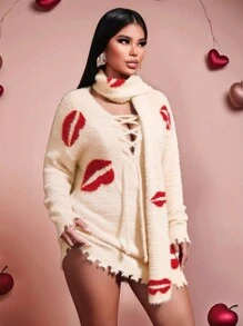 Zolique 2 件套女士针织套装，奶油色长袖毛衣，领口宽松 V 领，火焰红唇围巾，露肩性感派对，秋冬