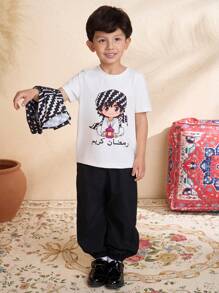 SHEIN Young Boy Geometric Pattern Vest, Cartoon Character Printed T-Shirt, And Pants 3 Piece Casual Outfit Set - Black and White - View 6