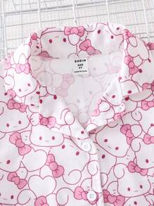 2pcs Young Girl Bunny Print Lapel Shirt & Pants Pajama Sets, Comfy Home Wear - Baby Pink - View 4