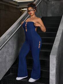 SHEIN ICON Plus Size Women Denim Jumpsuit, Casual & Fashion For Everyday Wear For Summer - Dark Wash - View 3