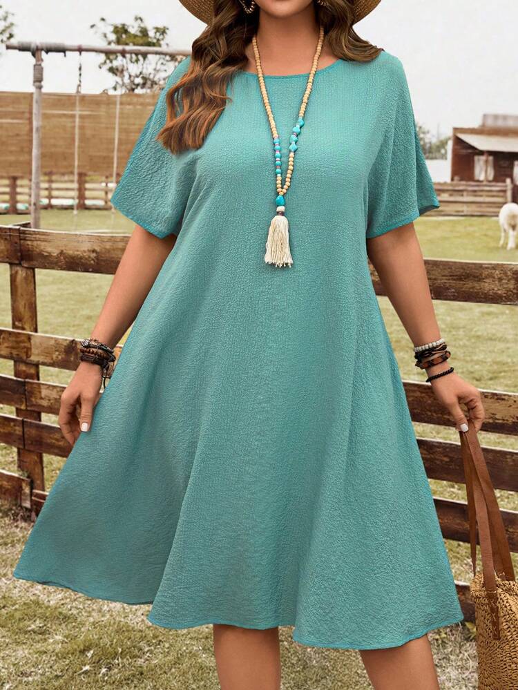 Plus Size Women's Solid Color Textured Casual Vacation Dress,Western Wear Women,Green Holiday Decor,Saint Patrick's Day,Summer Dress,Vacation Outfits Woman