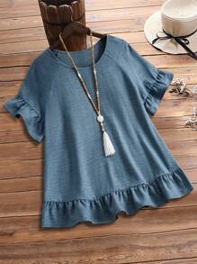 EMERY ROSE Plus Size Blue Plain Crew Neck Short Sleeve Pleated Simple Shirt, Casual Everyday Wear Summer Outfits  Vacation Outfits Woman  Western Wear Women  Country Outfits Women - Dusty Blue - View 1