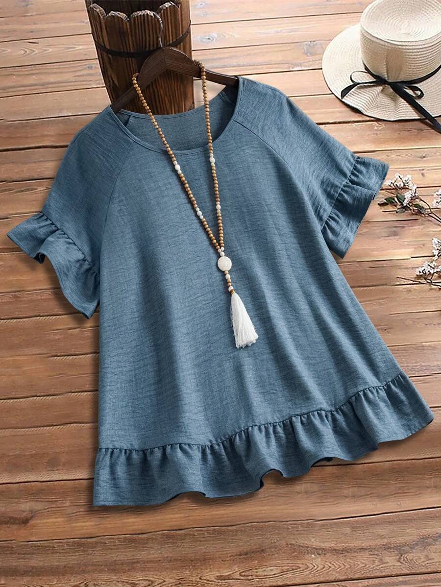 EMERY ROSE Plus Size Blue Plain Crew Neck Short Sleeve Pleated Simple Shirt, Casual Everyday Wear Summer Outfits  Vacation Outfits Woman  Western Wear Women  Country Outfits Women - Dusty Blue - View 1