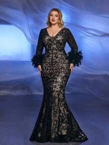 Glamrae Plus Size Luxury Sequin Patchwork Turkey Feather Cuff Mermaid Evening Gown, Wedding Guest Dress, Party Dress, Formal Dress