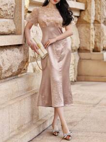 DAZY Patchwork Puff Sleeve Fishtail Midi Dress For Women,Formal Women Dresses - Pink - View 5