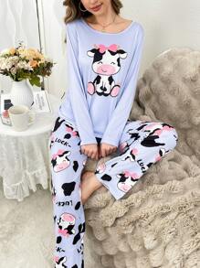 Cute Cartoon Cow Print Women Pajama Set, Fall Winter Clothes - Multicolor - View 6