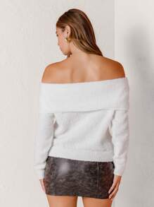 Aralina Cosy Off-Shoulder White Knit Holiday Sweater - White - View 2