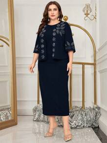 Lacomfia Plus Size Dress With Studded Rhinestones And Bead Decorations Maxi Women Outfit - Navy Blue - View 3