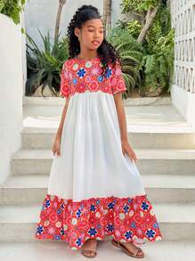 Tween Girls' Vacation Casual Ditsy Floral Patchwork Round Neck Short Sleeve Dress - Multicolor - View 7