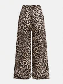 SHEIN Girlism Tween Girl Solid Knit Crew Neck Short Sleeve Top And Leopard Print Wide Leg Pants Set - Black - View 7