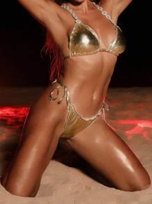 SHEIN Swim Damen Metallic Folie Texturiertes Sexy Bikini Set für den Sommer - Gold - Übersicht 1
