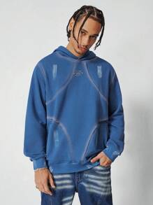 ROMWE MEN Street Life Men's Long Sleeve Printed Minimalist Hoodie, Casual Daily Wear - Blue - View 1